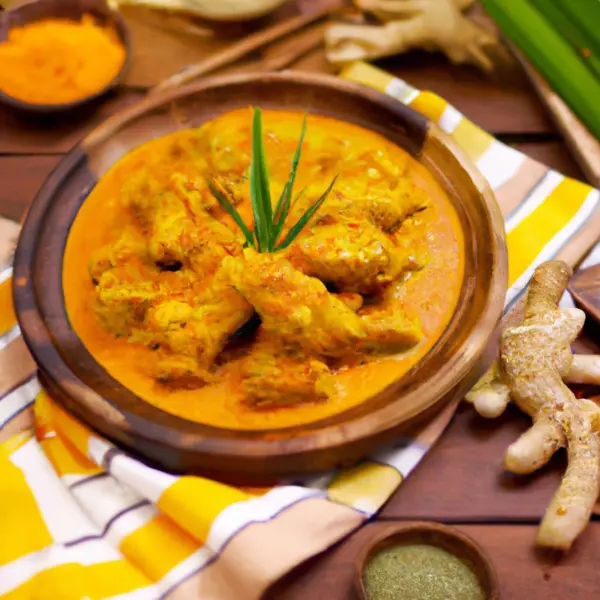 Morceaux de filets de poulets au curcuma et lait de coco.