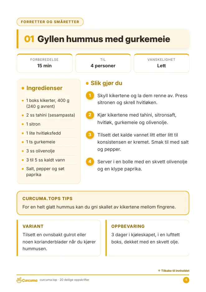 Utdrag fra e-boken: oppskriftsside Gyllen hummus med gurkemeie