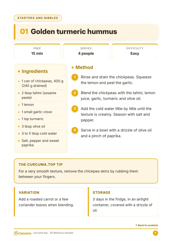 Preview of the ebook: recipe card for Golden turmeric hummus