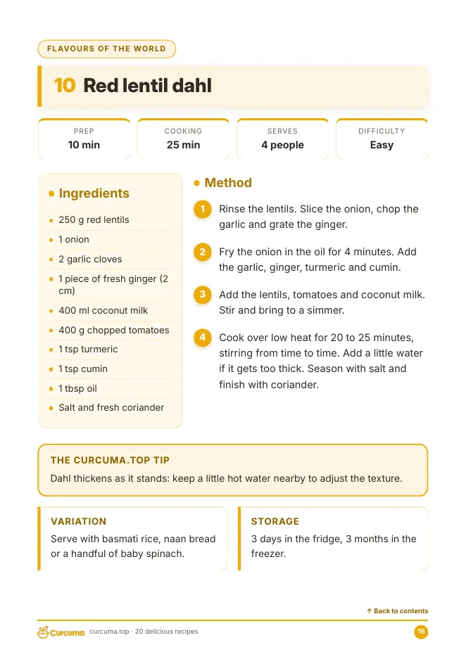 Preview of the ebook: recipe card for Red lentil dahl