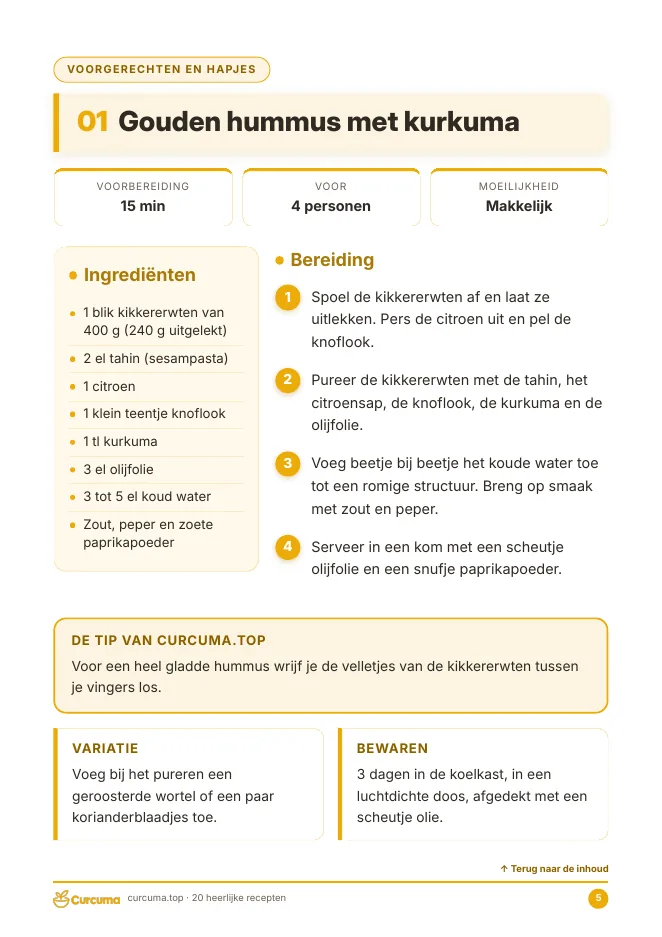 Voorbeeld uit het e-book: receptpagina Gouden hummus met kurkuma