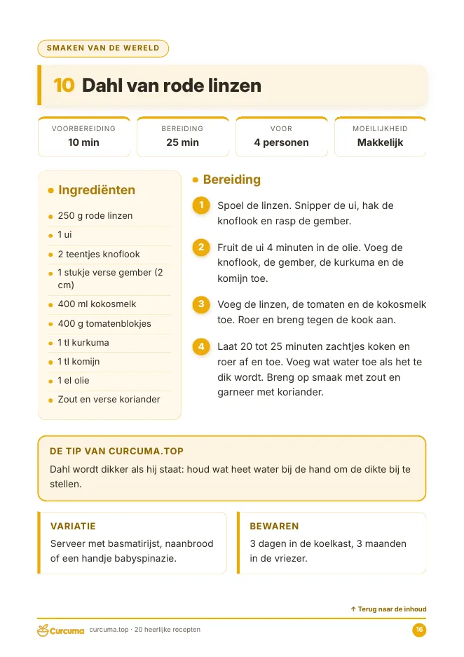 Voorbeeld uit het e-book: receptpagina Dahl van rode linzen