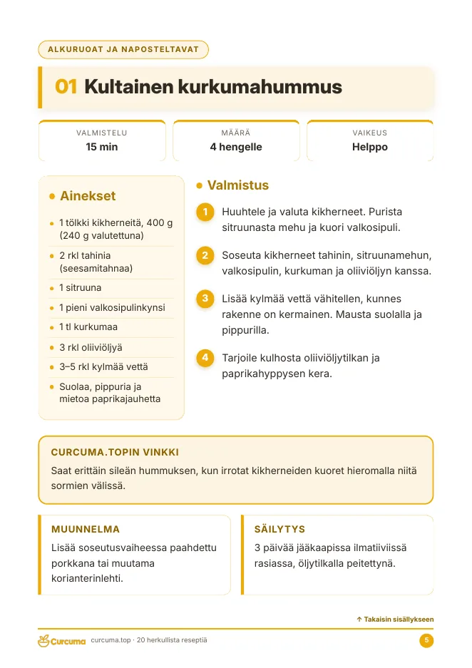 Esimerkkisivu e-kirjasta: reseptisivu: Kultainen kurkumahummus