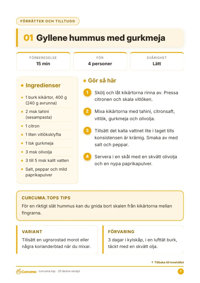 Förhandsvisning av e-boken: receptsida Gyllene hummus med gurkmeja