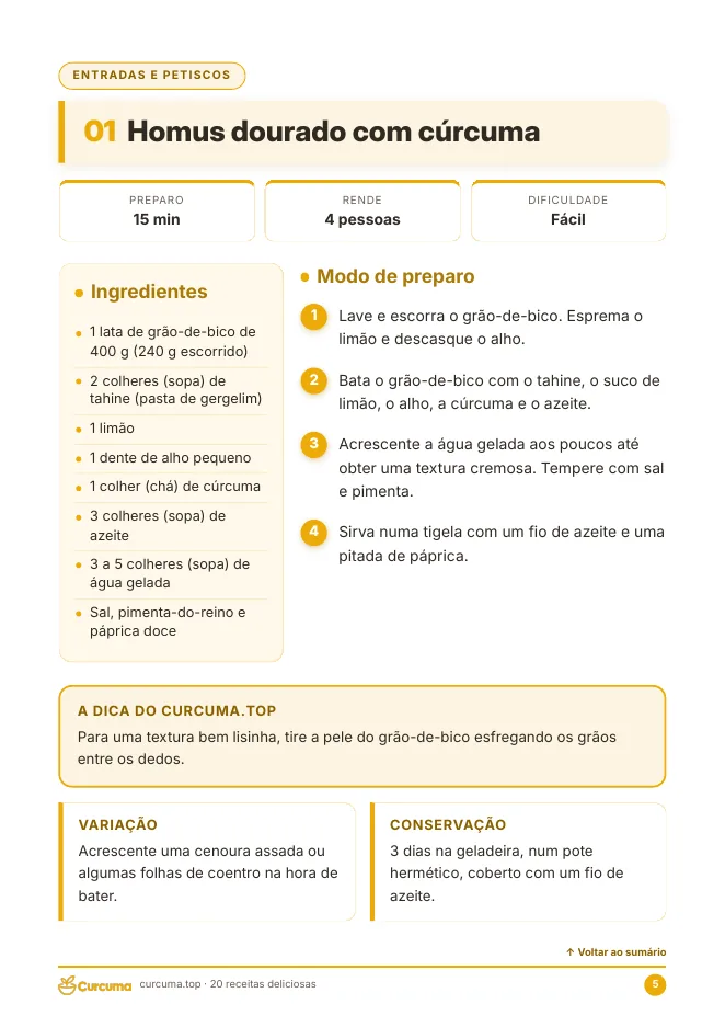 Prévia do e-book: ficha da receita Homus dourado com cúrcuma
