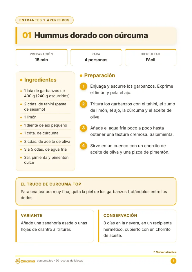 Vista previa del ebook: ficha de la receta Hummus dorado con cúrcuma