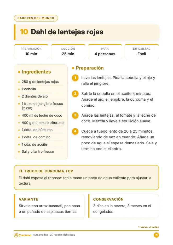 Vista previa del ebook: ficha de la receta Dahl de lentejas rojas