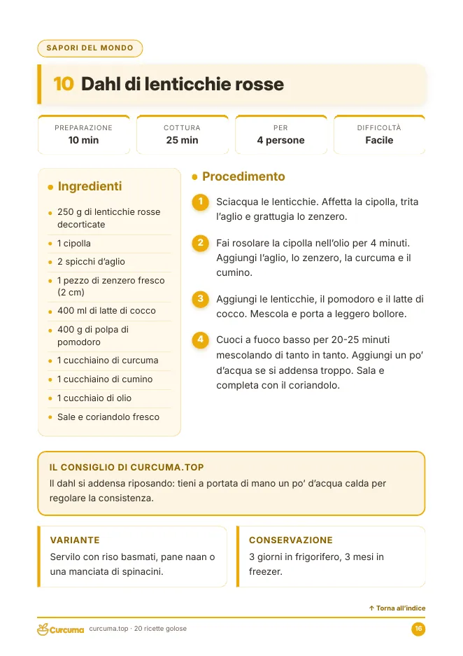 Anteprima dell'ebook: scheda della ricetta Dahl di lenticchie rosse