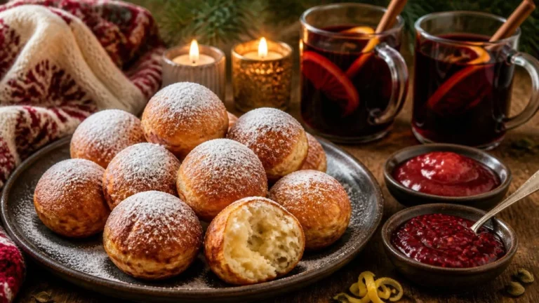Assiette d'æbleskiver, pancakes sphériques danois dorés saupoudrés de sucre glace, une boule ouverte sur une mie aérienne, avec des bols de confiture de framboise et de fraise et du vin chaud en fond