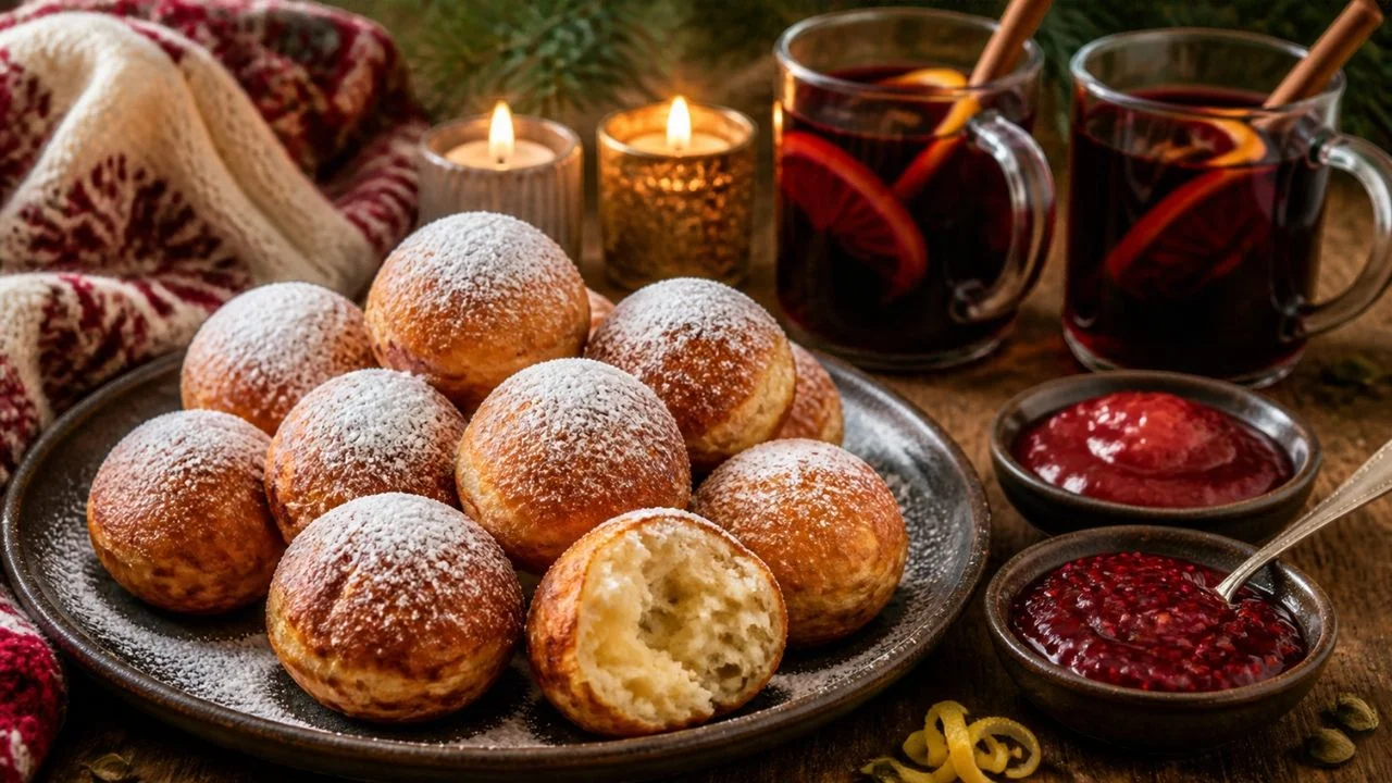 Assiette d'æbleskiver, pancakes sphériques danois dorés saupoudrés de sucre glace, une boule ouverte sur une mie aérienne, avec des bols de confiture de framboise et de fraise et du vin chaud en fond