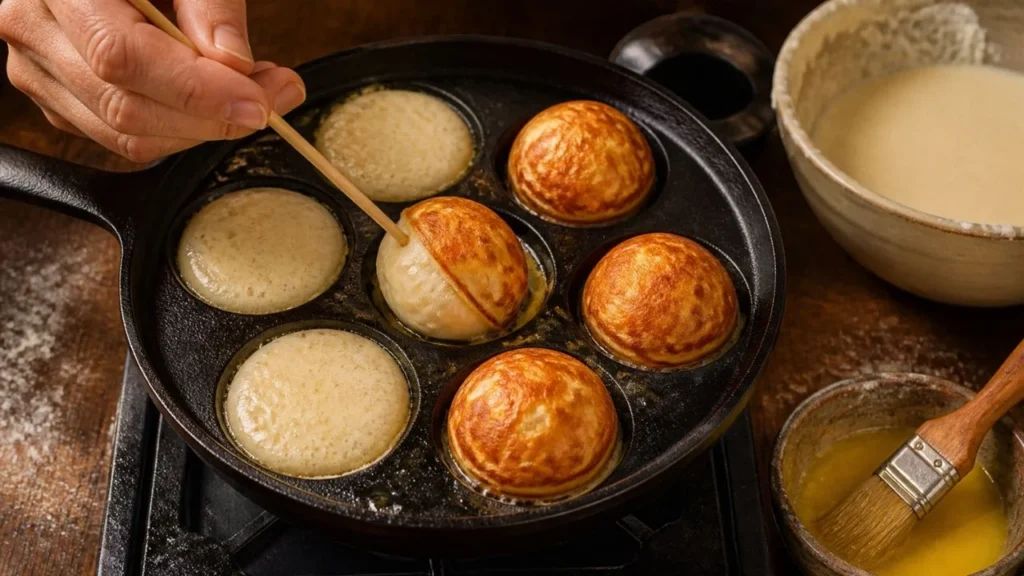 Hender som vender en halvstekt æbleskiver-kule med en trepinne i en støpejernspanne med runde groper, andre gylne kuler på ulike stadier