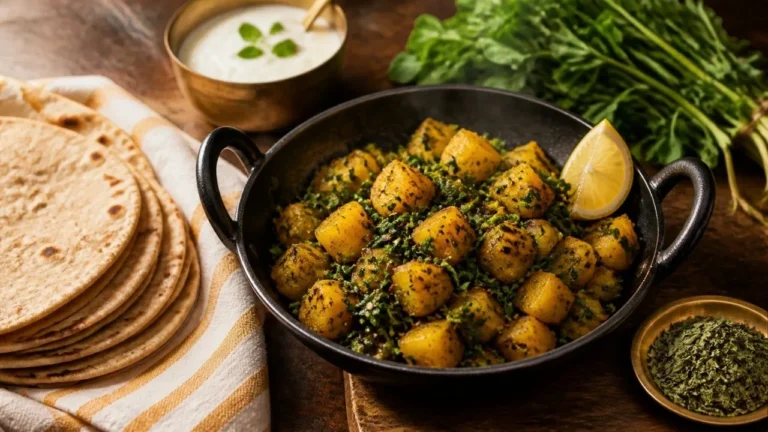 Aloo methi, pommes de terre dorées aux feuilles de fenugrec dans une sauteuse indienne en fonte, avec des chapatis et un bol de yaourt