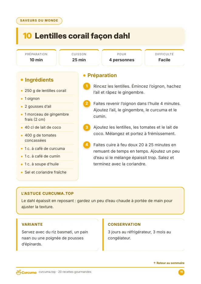 Aperçu de l'ebook : fiche de la recette des lentilles corail façon dahl