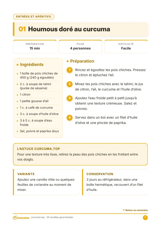 Aperçu de l'ebook : fiche de la recette du houmous doré au curcuma
