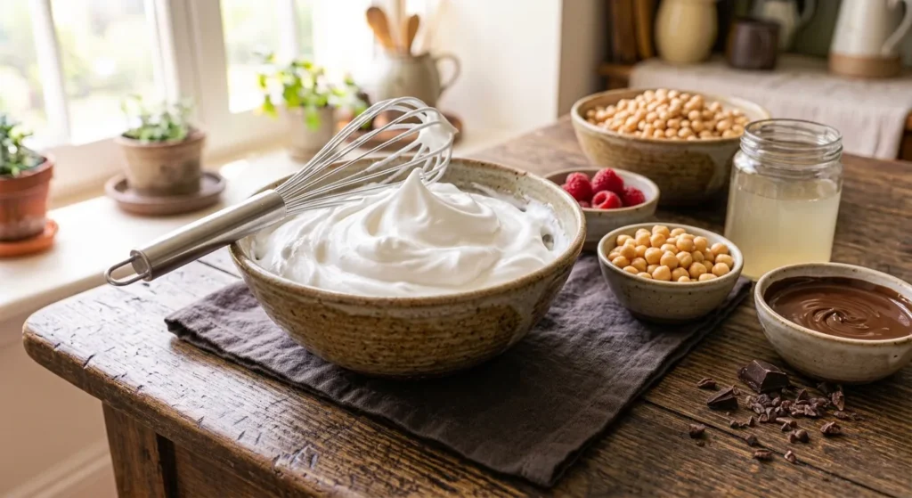 Steif geschlagenes Aquafaba in einer Schüssel mit Schneebesen, daneben Kichererbsen, ein Glas Kichererbsenwasser und geschmolzene Schokolade