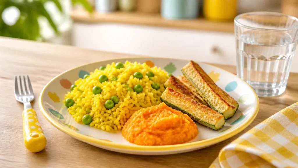 Assiette d'enfant colorée avec riz au curcuma et petits pois, purée de carottes et bâtonnets de courgettes panés au paprika doux
