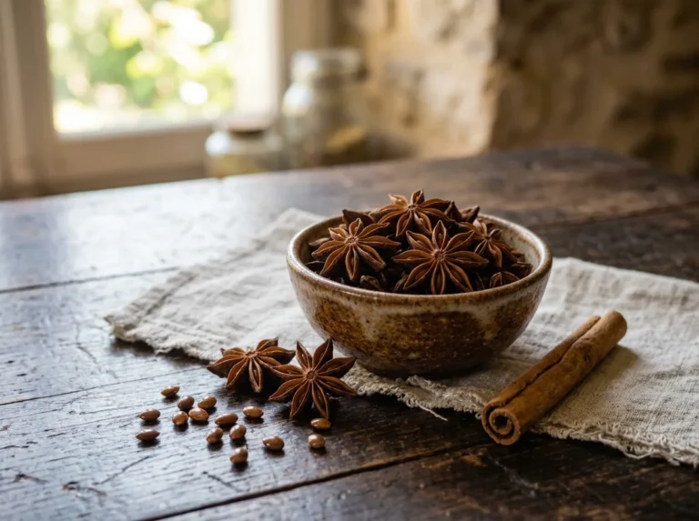 Bol d'étoiles de badiane (anis étoilé) sur une table en bois, avec quelques étoiles, des graines et un bâton de cannelle