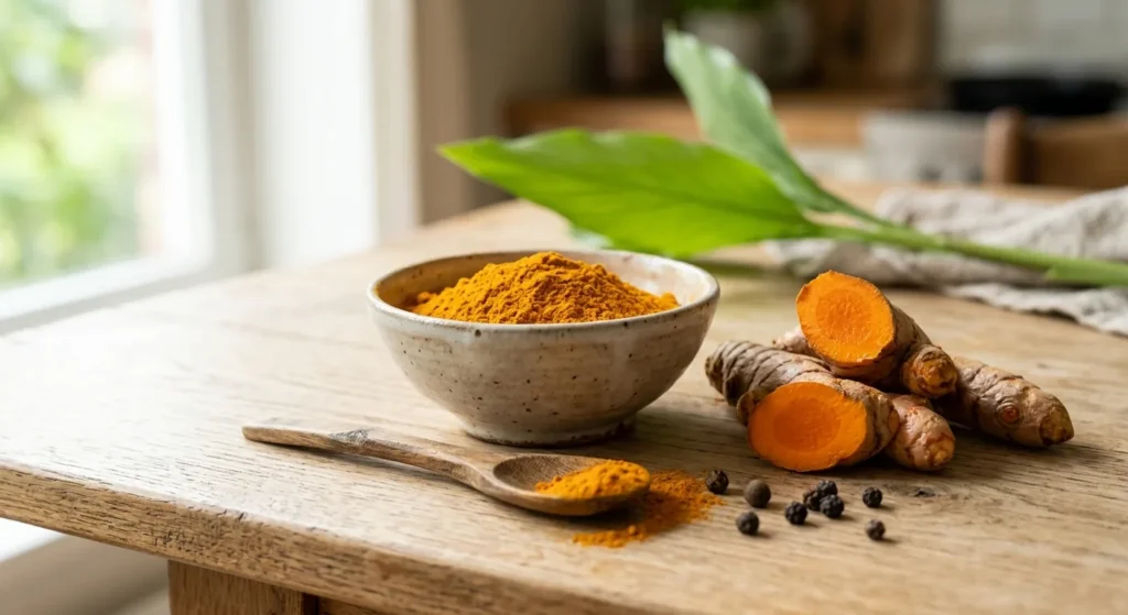 Curcuma en poudre dans un bol, rhizomes de curcuma frais coupés et grains de poivre noir sur une table en bois