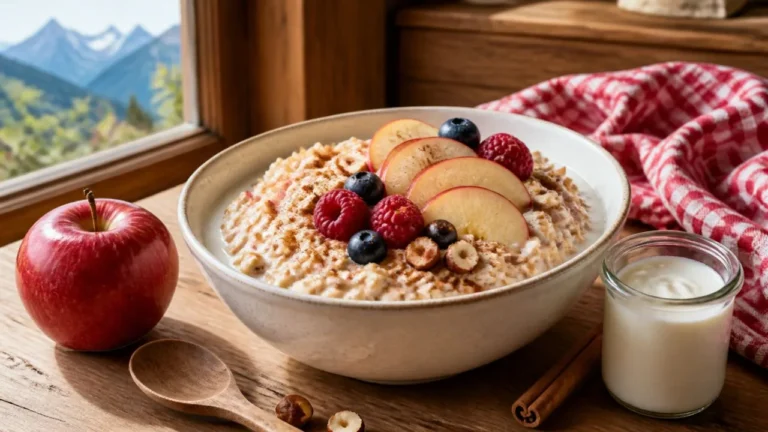 Bol de bircher muesli crémeux à la pomme râpée, garni de fruits rouges, de noisettes concassées et de cannelle
