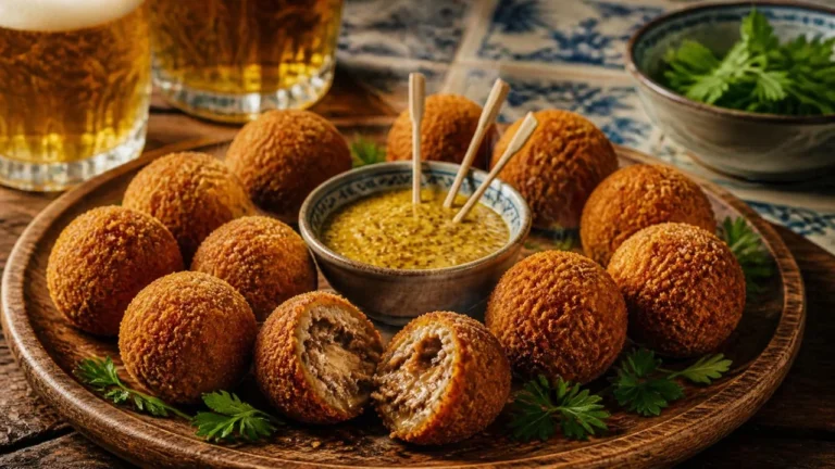 Planche de bitterballen, petites croquettes de viande néerlandaises rondes et dorées, l'une ouverte sur un cœur crémeux de ragoût de bœuf, bol de moutarde et piques en bois, verres de bière et carreaux bleus de Delft en arrière-plan