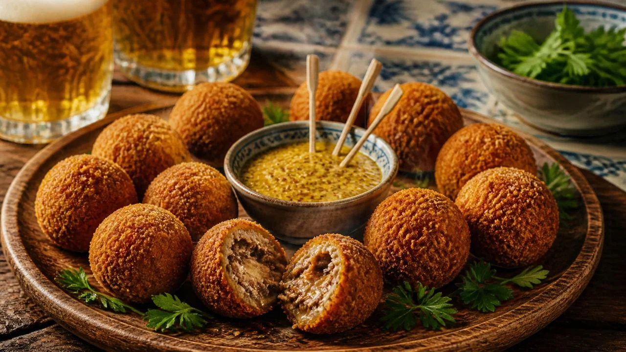 Planche de bitterballen, petites croquettes de viande néerlandaises rondes et dorées, l'une ouverte sur un cœur crémeux de ragoût de bœuf, bol de moutarde et piques en bois, verres de bière et carreaux bleus de Delft en arrière-plan
