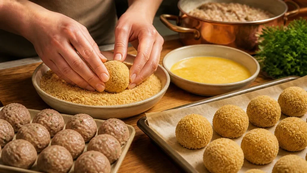 Mains qui roulent des boules de ragoût de bœuf froid dans la chapelure, avec un plat d'œufs battus, un plat de chapelure fine et des bitterballen panés alignés sur une plaque