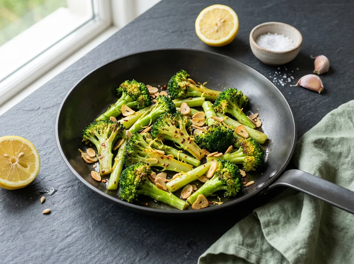 Poêlée de tronçons de brocoli sautés dans une poêle noire, avec amandes effilées grillées, zeste de citron et flocons de piment, sur un plan de travail en ardoise avec citron, fleur de sel et ail