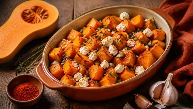Cubes de courge butternut rôtis au paprika fumé dans un plat en terre cuite, avec feta émiettée, graines de courge grillées et thym frais