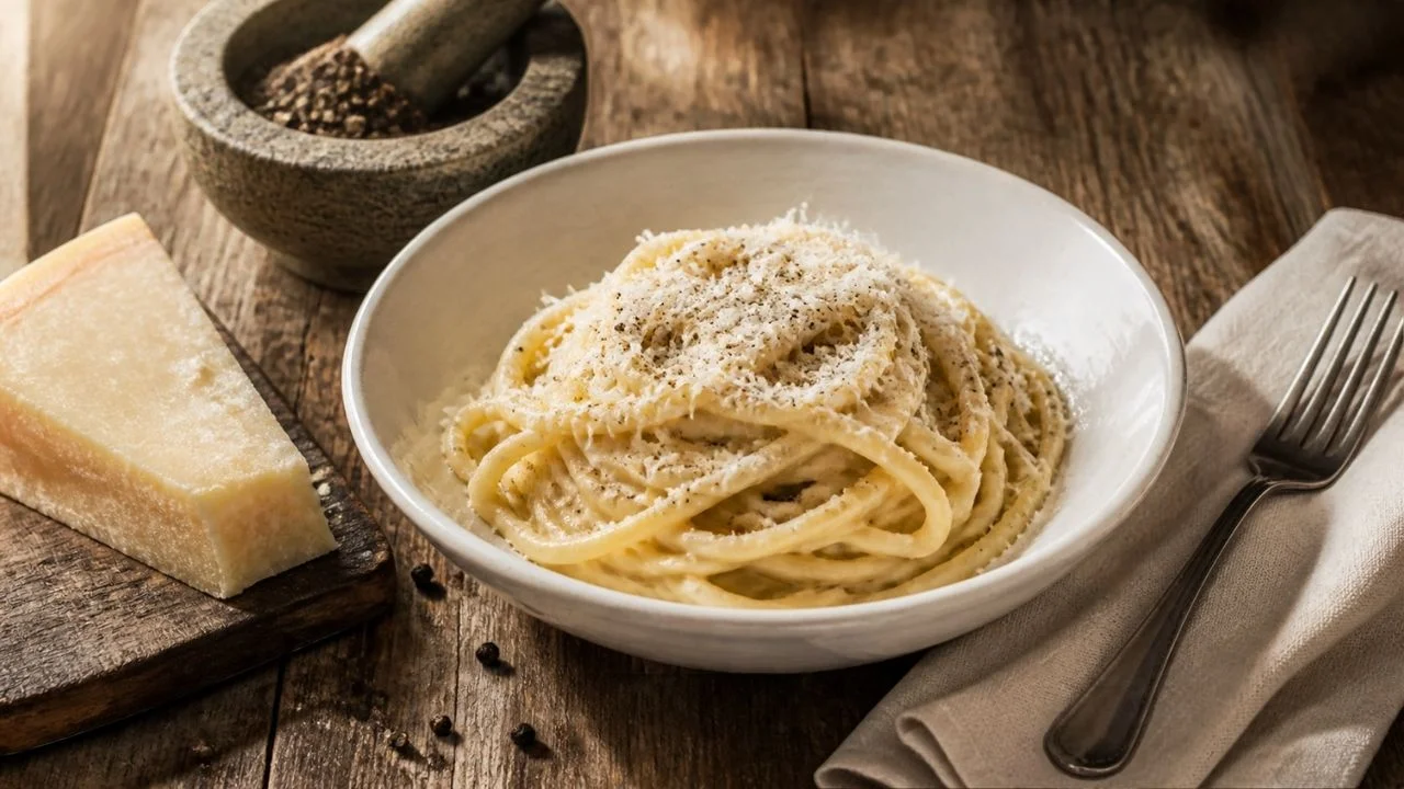 Assiette de pâtes cacio e pepe crémeuses au pecorino et au poivre noir concassé, avec un morceau de pecorino et un mortier de poivre