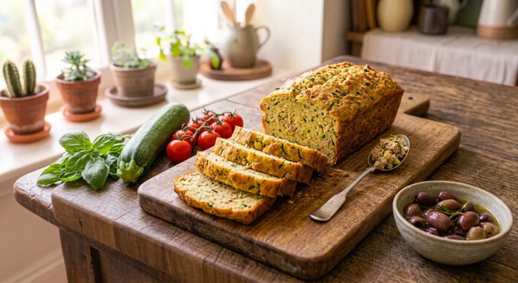 Cake au thon et à la courgette coupé en tranches sur une planche en bois, avec une courgette, des tomates cerises, du basilic et des olives