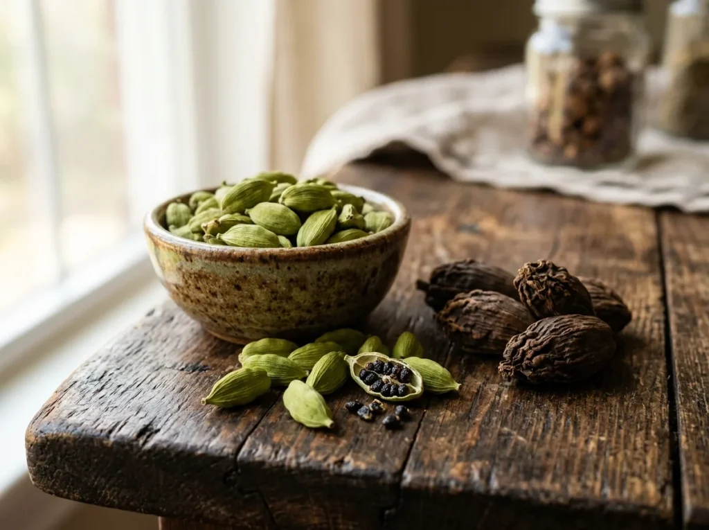 Bol de gousses de cardamome verte sur une table en bois, une gousse ouverte montrant ses graines noires, à côté de grosses gousses de cardamome noire
