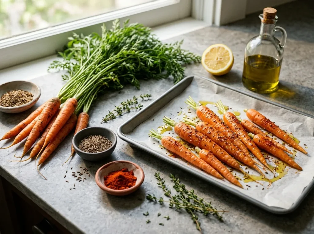Botte de carottes fanes sur un plan de travail en pierre, à côté d'une plaque de cuisson où des carottes sont enrobées d'huile d'olive, de graines de cumin et de paprika, avec thym et citron