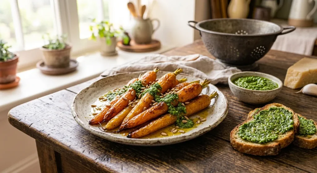 Ovnbagte gulerødder med pesto af gulerodstop og drysset med kerner, sammen med ristet brød med pesto