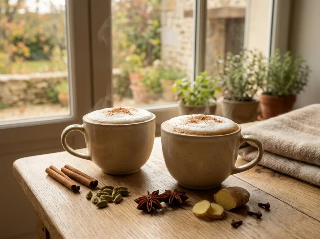 Deux tasses de chai latte maison avec mousse de lait et cannelle, bâtons de cannelle, cardamome verte, badiane, gingembre frais et clous de girofle sur une table en bois près d'une fenêtre