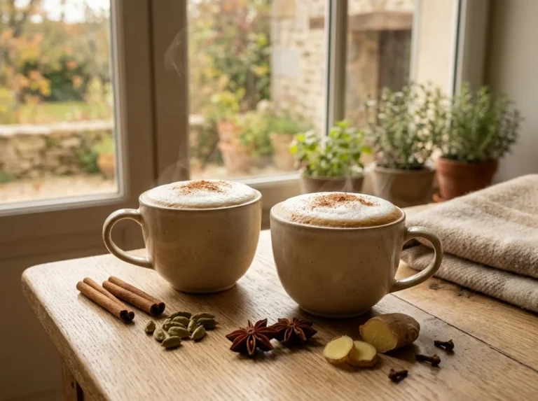 Deux tasses de chai latte maison avec mousse de lait et cannelle, bâtons de cannelle, cardamome verte, badiane, gingembre frais et clous de girofle sur une table en bois près d'une fenêtre