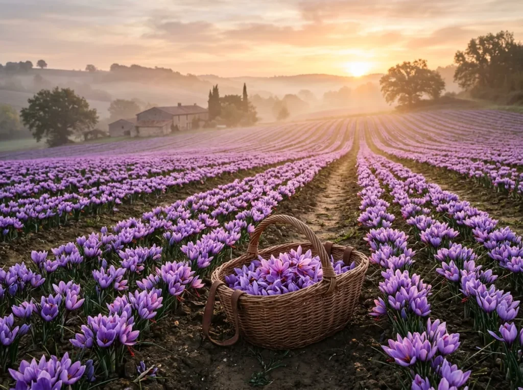 Åker med blomstrende safrankrokus ved soloppgang og en flettet kurv full av plukkede blomster mellom radene