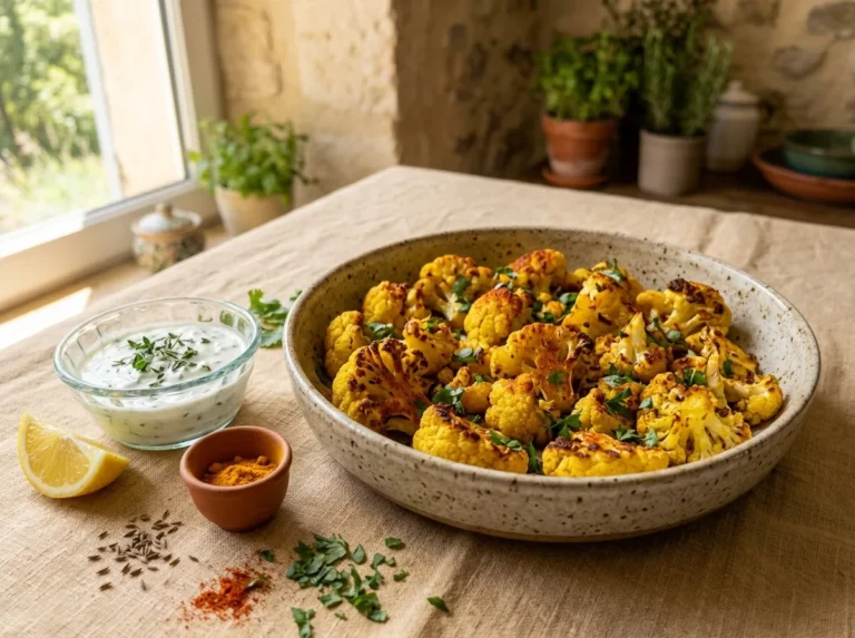 Bouquets de chou-fleur rôtis au curcuma et au paprika, dorés et croustillants, dans un plat en céramique mouchetée, avec une sauce au yaourt aux herbes, du citron, du curcuma et des graines de cumin