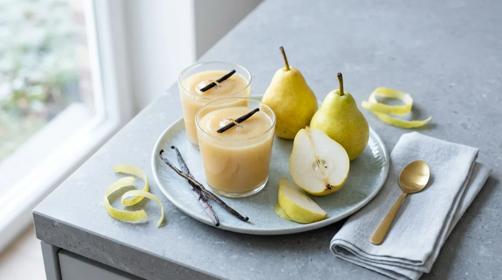 Compote d'épluchures de poires à la vanille en verrines, avec poires Williams et gousses de vanille