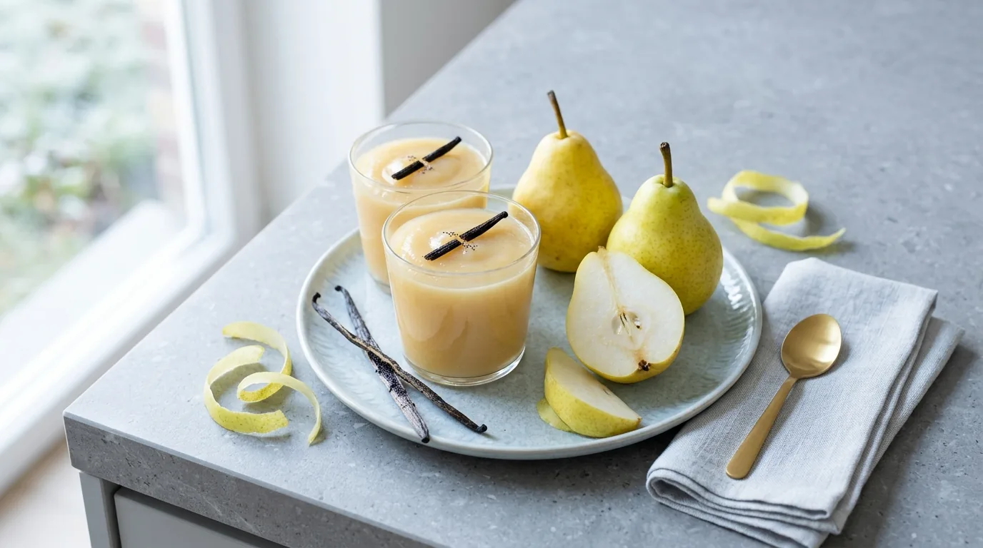 Compote d'épluchures de poires à la vanille en verrines, avec poires Williams et gousses de vanille
