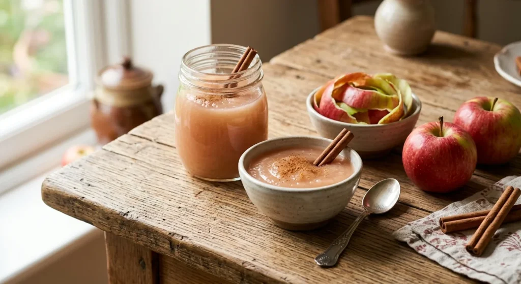 Bocal et bol de compote de peaux de pommes rosée saupoudrée de cannelle, avec des bâtons de cannelle, un bol de pelures de pommes et deux pommes rouges