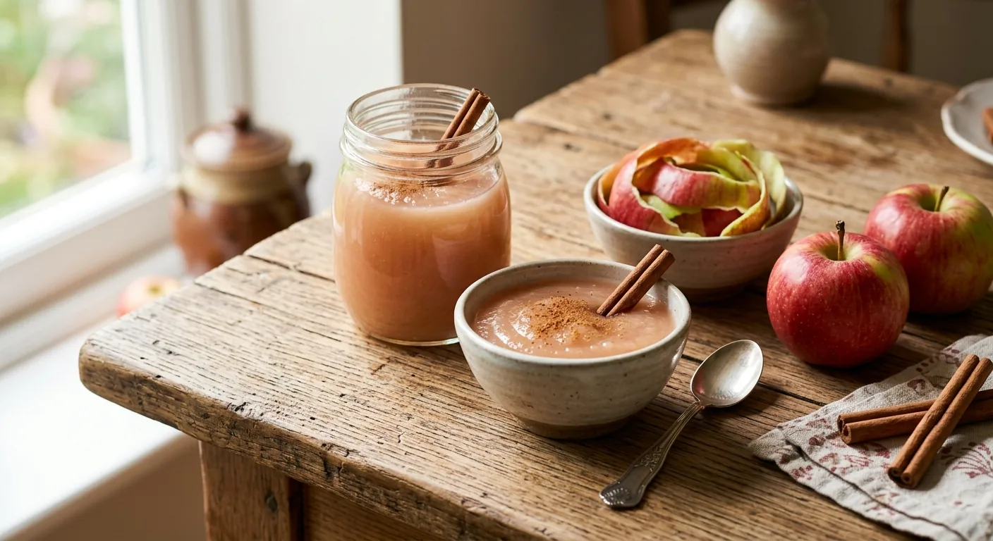 Bocal et bol de compote de peaux de pommes rosée saupoudrée de cannelle, avec des bâtons de cannelle, un bol de pelures de pommes et deux pommes rouges