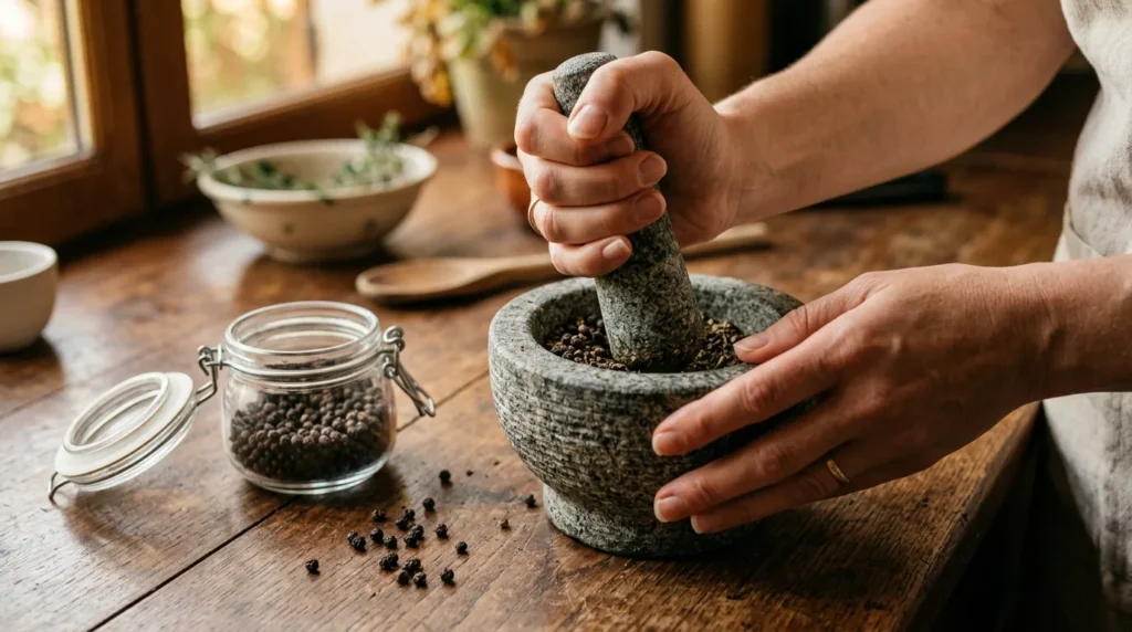 Hender som knuser sorte pepperkorn i en morter av stein, med et glass hel pepper ved siden av