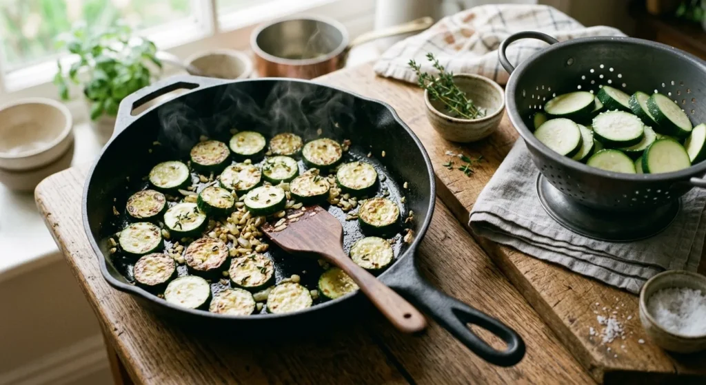 Rondelles de courgettes dorées à la poêle avec oignon et ail, à côté de courgettes dégorgées au sel dans une passoire