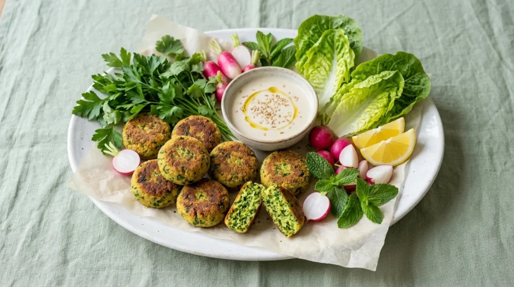 Croquettes de pois chiches aux herbes dorées, intérieur vert, avec sauce au tahini, radis, laitue et citron