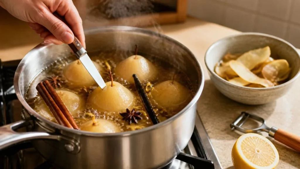 Poires pelées qui frémissent dans un sirop doré à la badiane, à la cannelle et à la vanille, pendant qu'une main vérifie la cuisson avec la pointe d'un couteau