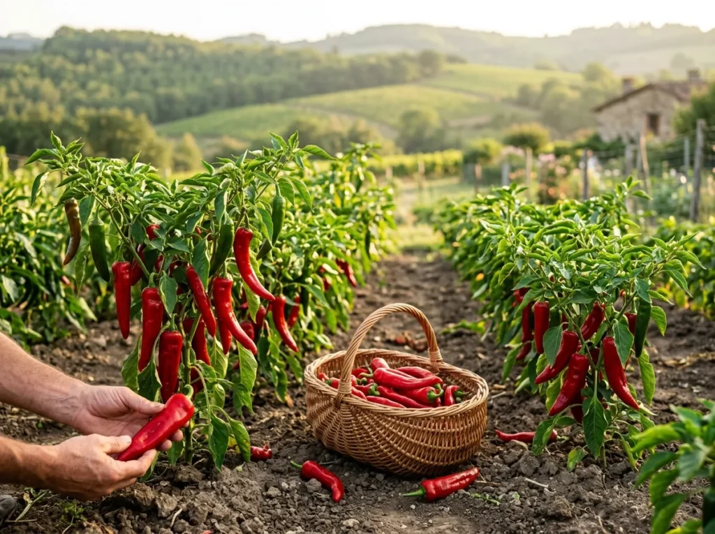 Røde chiliplanter på kjøkkenhagen på sensommeren, hender som plukker en chili og en flettet kurv full av nyhøstede chilier