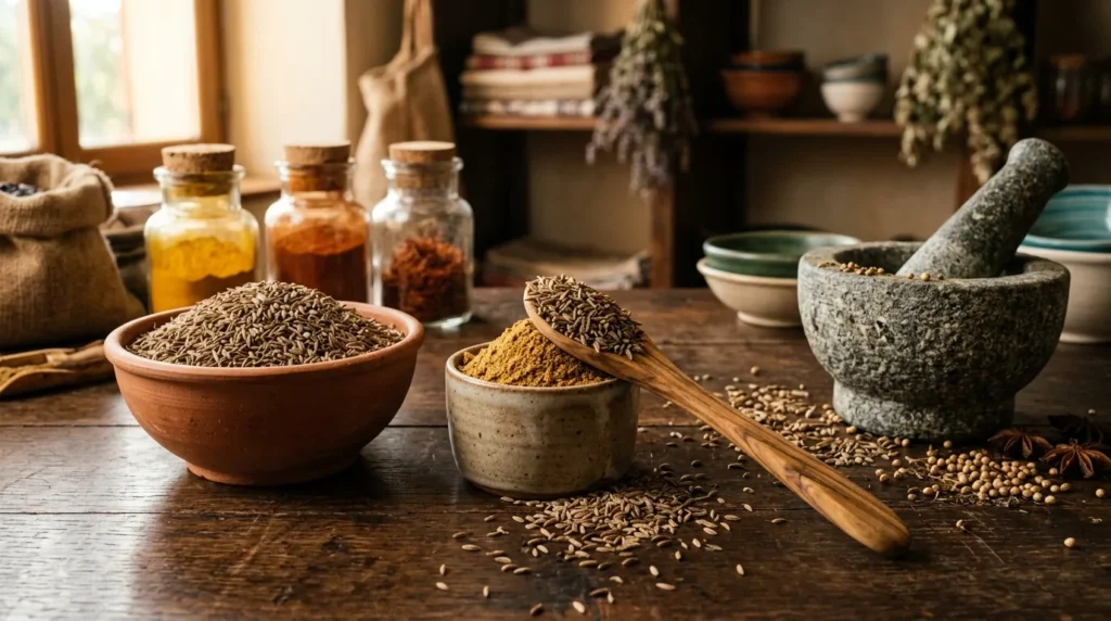 Graines de cumin dans un bol en terre cuite, cumin moulu dans une coupelle et mortier en pierre sur une table en bois