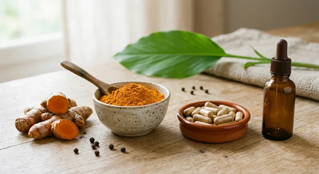 Racines de curcuma frais, curcuma en poudre, gélules de curcuma et flacon d'extrait sur une table en bois