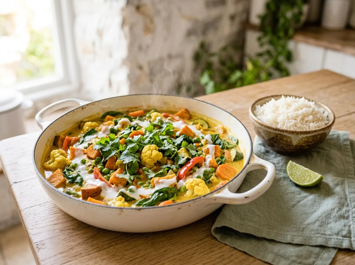 Cocotte de curry de légumes au lait de coco avec patate douce, chou-fleur, poivron, petits pois et épinards, servie avec du riz basmati