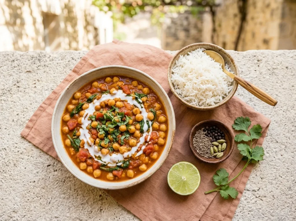 Bol de curry de pois chiches à la tomate avec un filet de lait de coco et de la coriandre, à côté d'un bol de riz basmati et d'épices entières